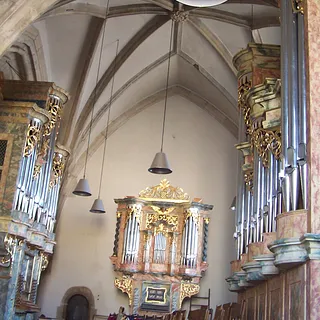Am neuen Standort: Michaelskirche Klausenburg. <br/>Im Pedalgehäuse (rechts) stehen zwei Register aus Zendersch.